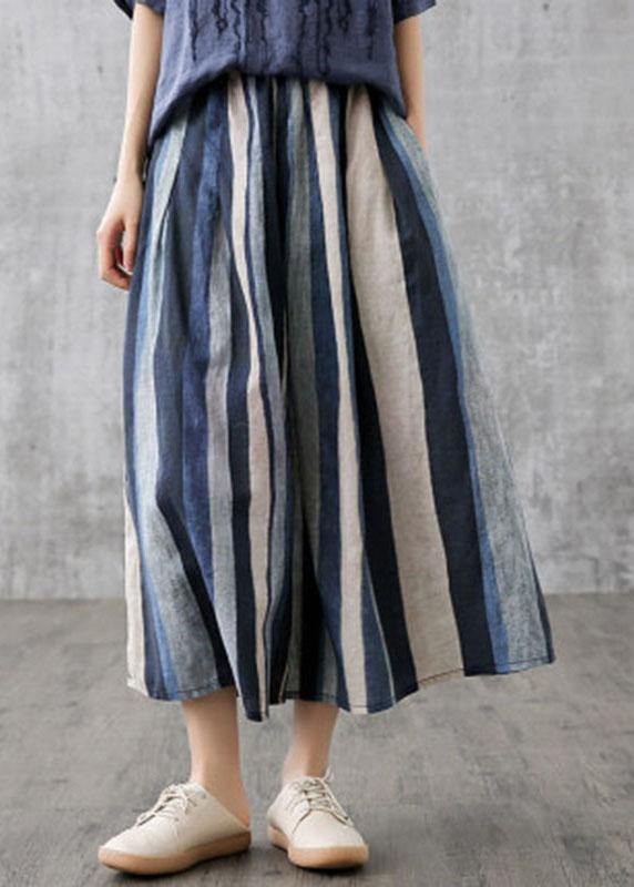 Elegant Navy Blue Striped A-Line Linen Summer Skirt