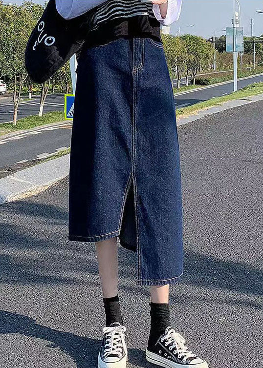 Elegant Navy Blue Side Open Asymmetric Cotton Denim Wrap Skirt Summer