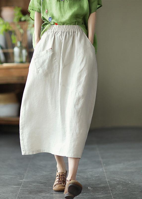 Elegant White Patchwork Pockets A-Line Linen Skirts