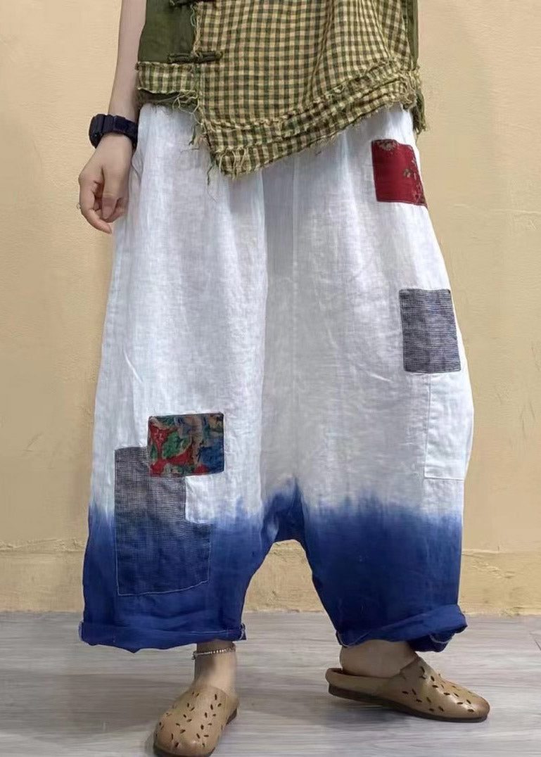 Elegant White Pocket Patchwork Elastic Waist Gradient Linen Pants Summer