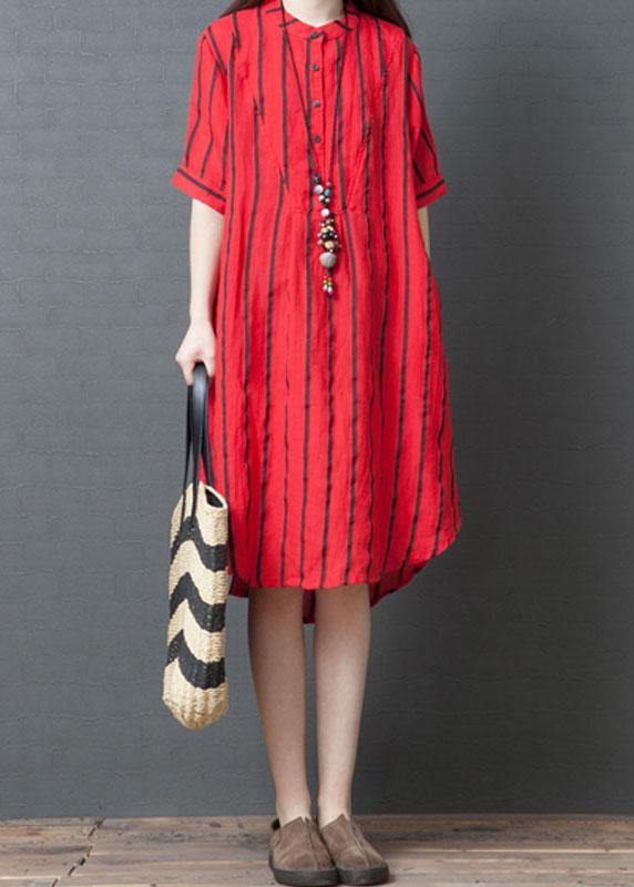 Red Striped Stand Collar Tunic Dress