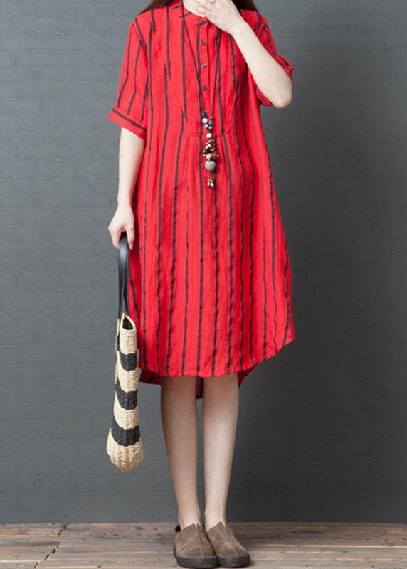 Red Striped Stand Collar Tunic Dress