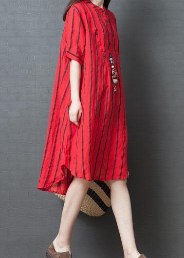 Red Striped Stand Collar Tunic Dress