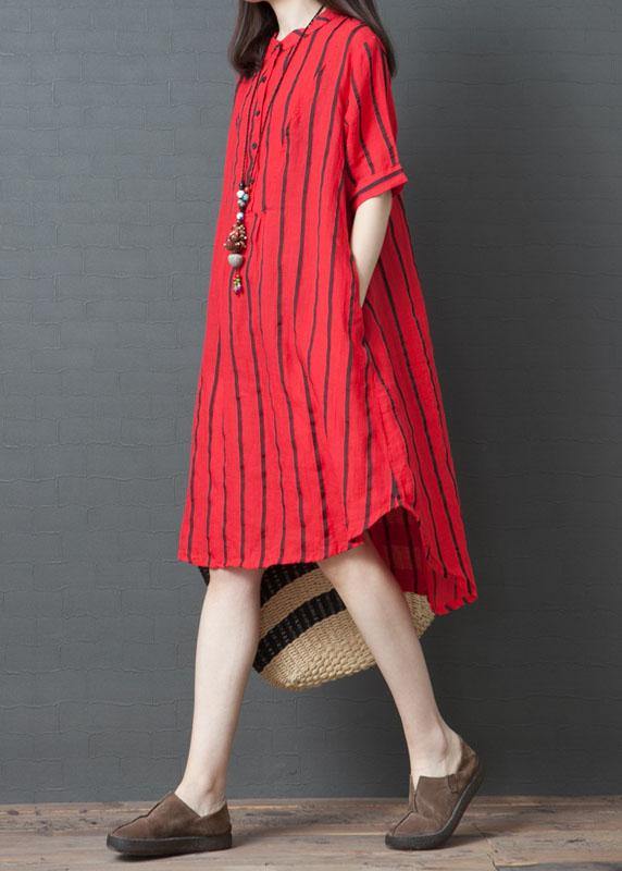 Red Striped Stand Collar Tunic Dress