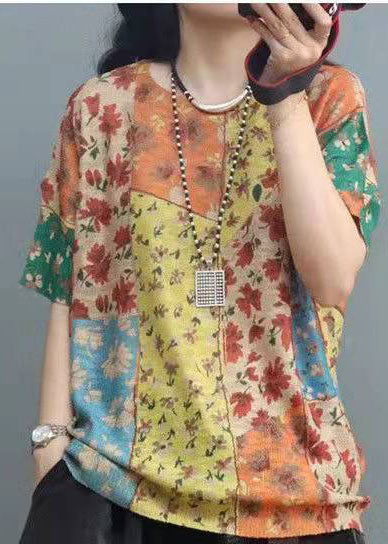 Printed O-Neck Cotton Short Sleeve Top