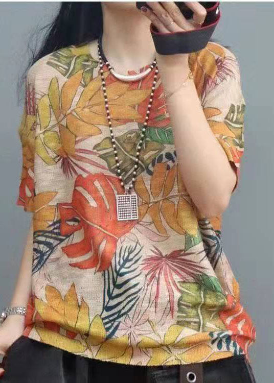 Printed O-Neck Cotton Short Sleeve Top