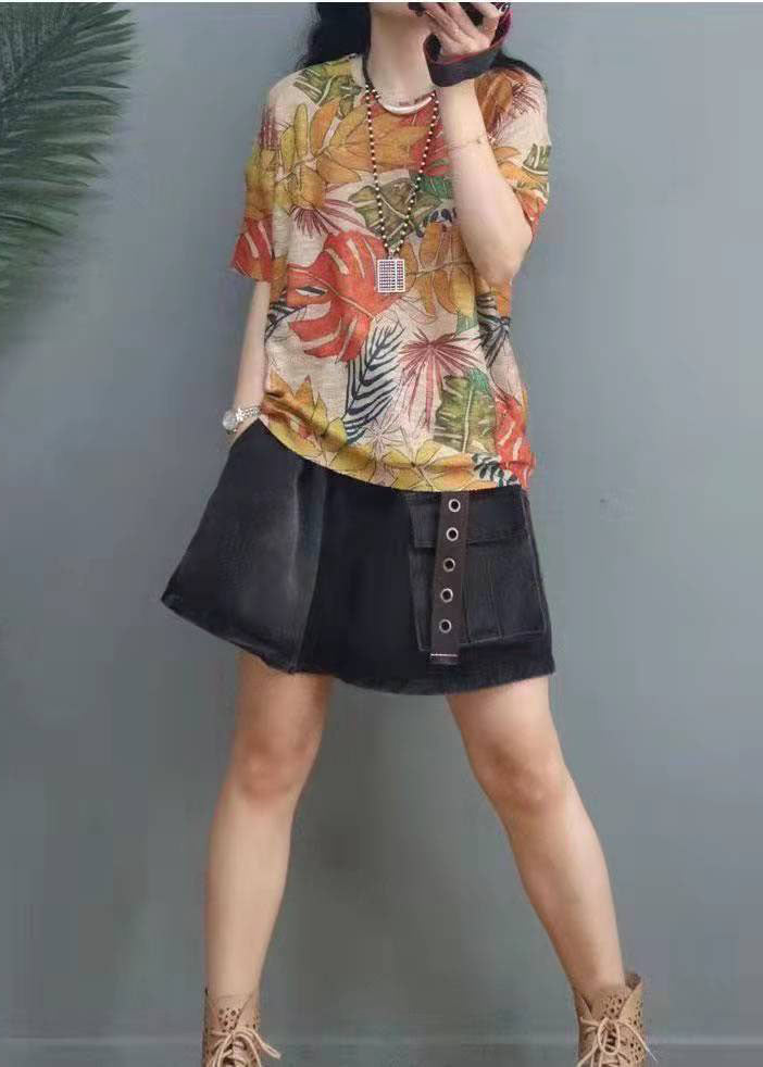 Printed O-Neck Cotton Short Sleeve Top