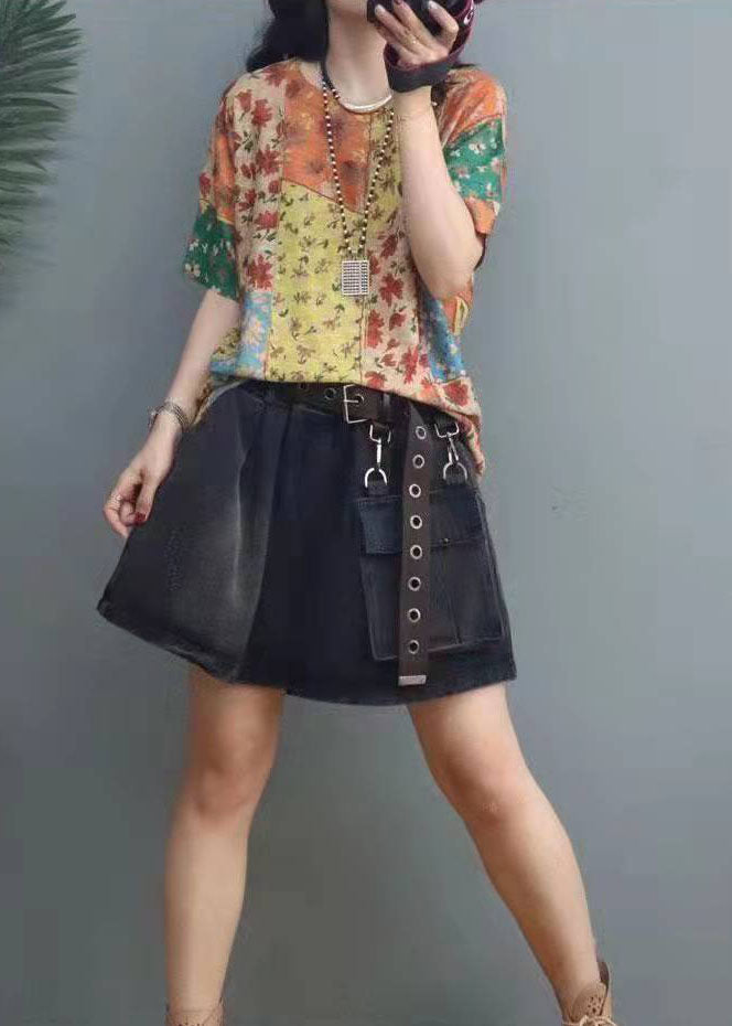 Printed O-Neck Cotton Short Sleeve Top