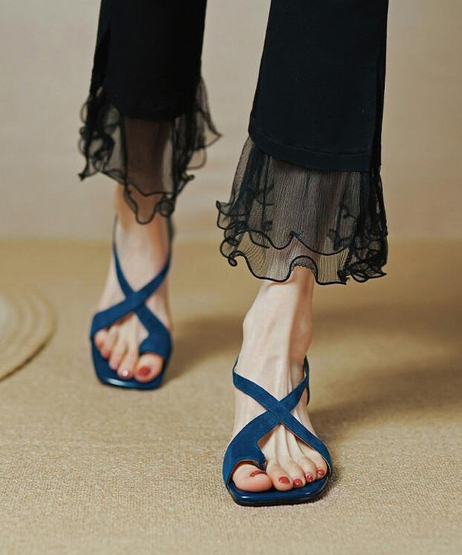 Blue Suede Cross Strap Chunky Sandals