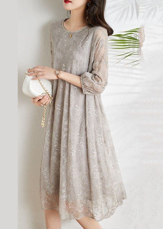Grey Cinched Embroidered Chiffon Dress