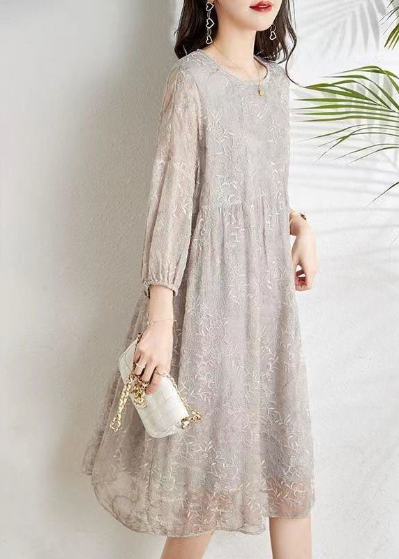 Grey Cinched Embroidered Chiffon Dress