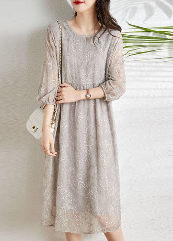 Grey Cinched Embroidered Chiffon Dress