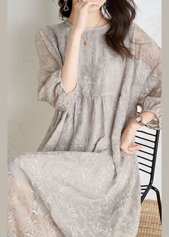 Grey Cinched Embroidered Chiffon Dress