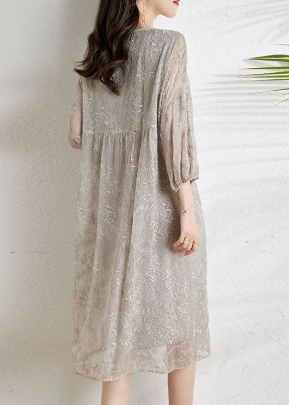 Grey Cinched Embroidered Chiffon Dress