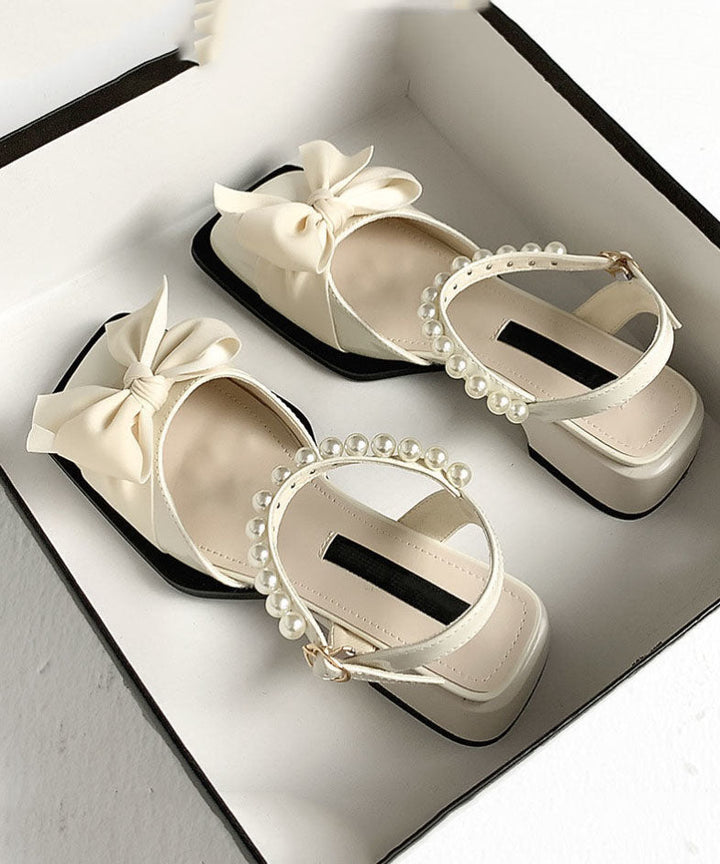 Khaki Nail Bead Bow Chunky Sandals