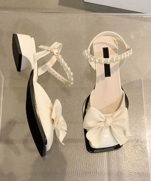 Khaki Nail Bead Bow Chunky Sandals