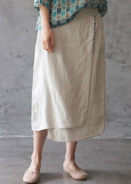 Fine Beige Elastic Waist Asymmetric Pocket Design Linen Skirts Spring