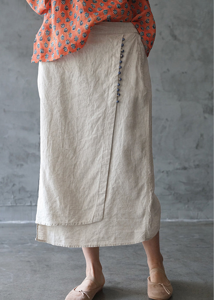 Beige Asymmetrical Pocket Linen Skirt