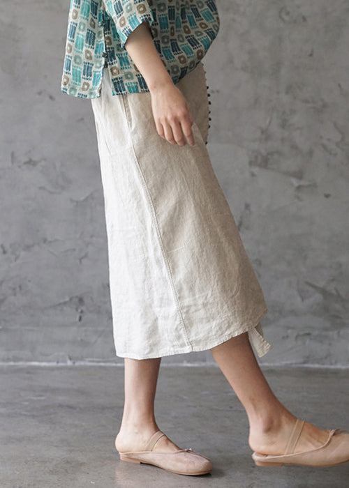 Beige Asymmetrical Pocket Linen Skirt