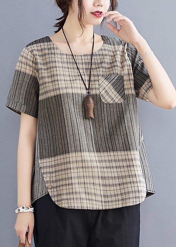 Grey Plaid Asymmetrical Cotton Linen Top