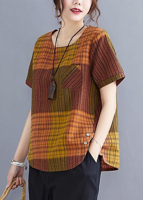 Grey Plaid Asymmetrical Cotton Linen Top