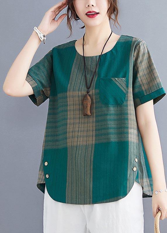 Grey Plaid Asymmetrical Cotton Linen Top
