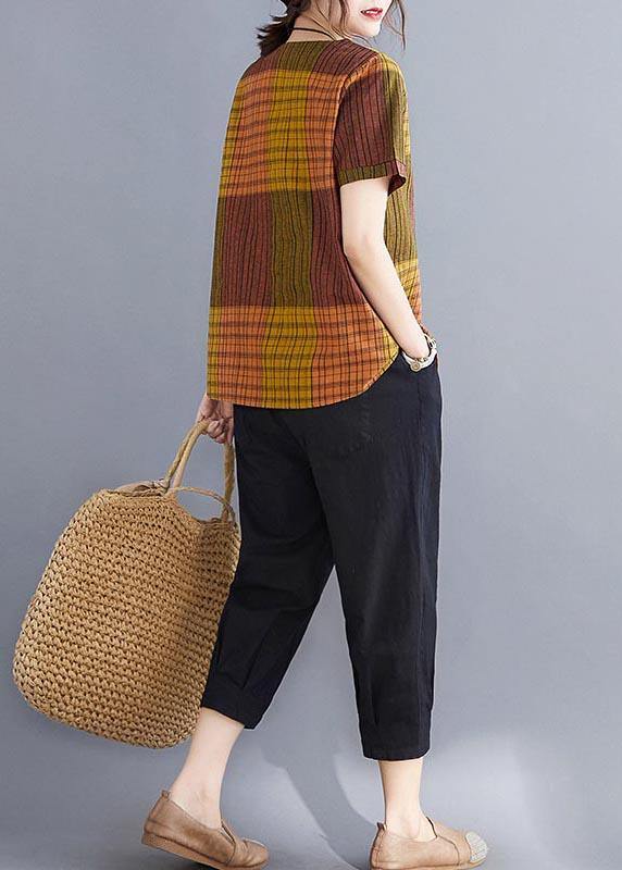 Grey Plaid Asymmetrical Cotton Linen Top