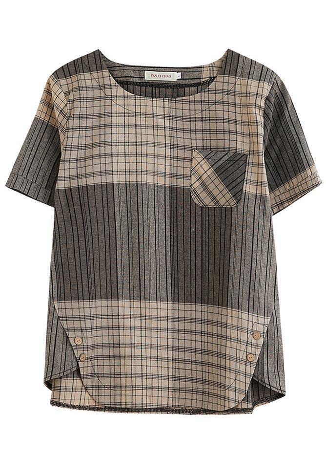 Grey Plaid Asymmetrical Cotton Linen Top
