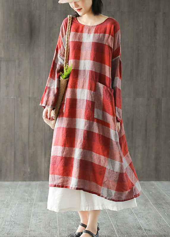 Red O-Neck Linen Robe Dress