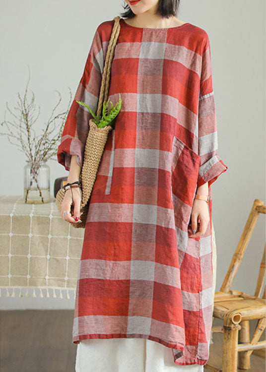 Red O-Neck Linen Robe Dress