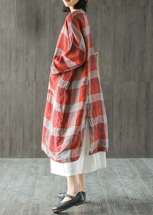 Red O-Neck Linen Robe Dress