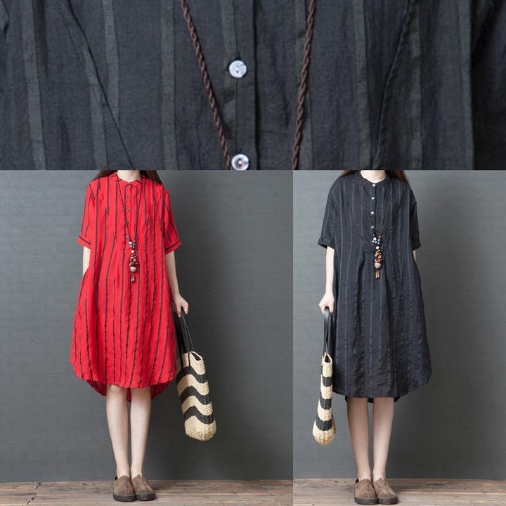 Black Striped Cotton Linen Tunic Dress
