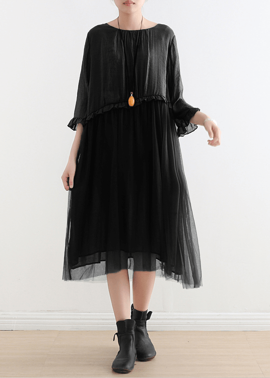 Black Tulle Patchwork Chiffon Maxi Dress