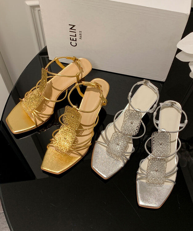 Gold Faux Leather Peep Toe Heels
