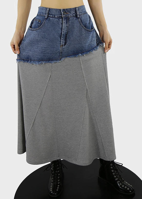 Grey Patchwork Button A-Line Denim Skirt