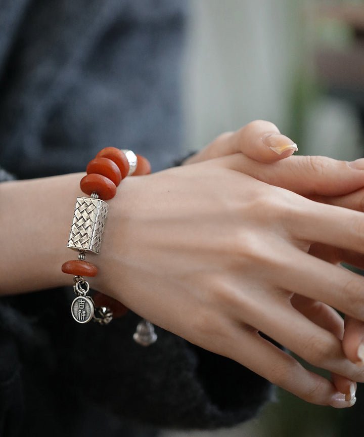 Red Silver Beeswax Tassel Bracelet