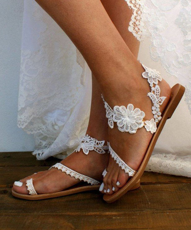 White Lace Cross Strap Flat Sandals