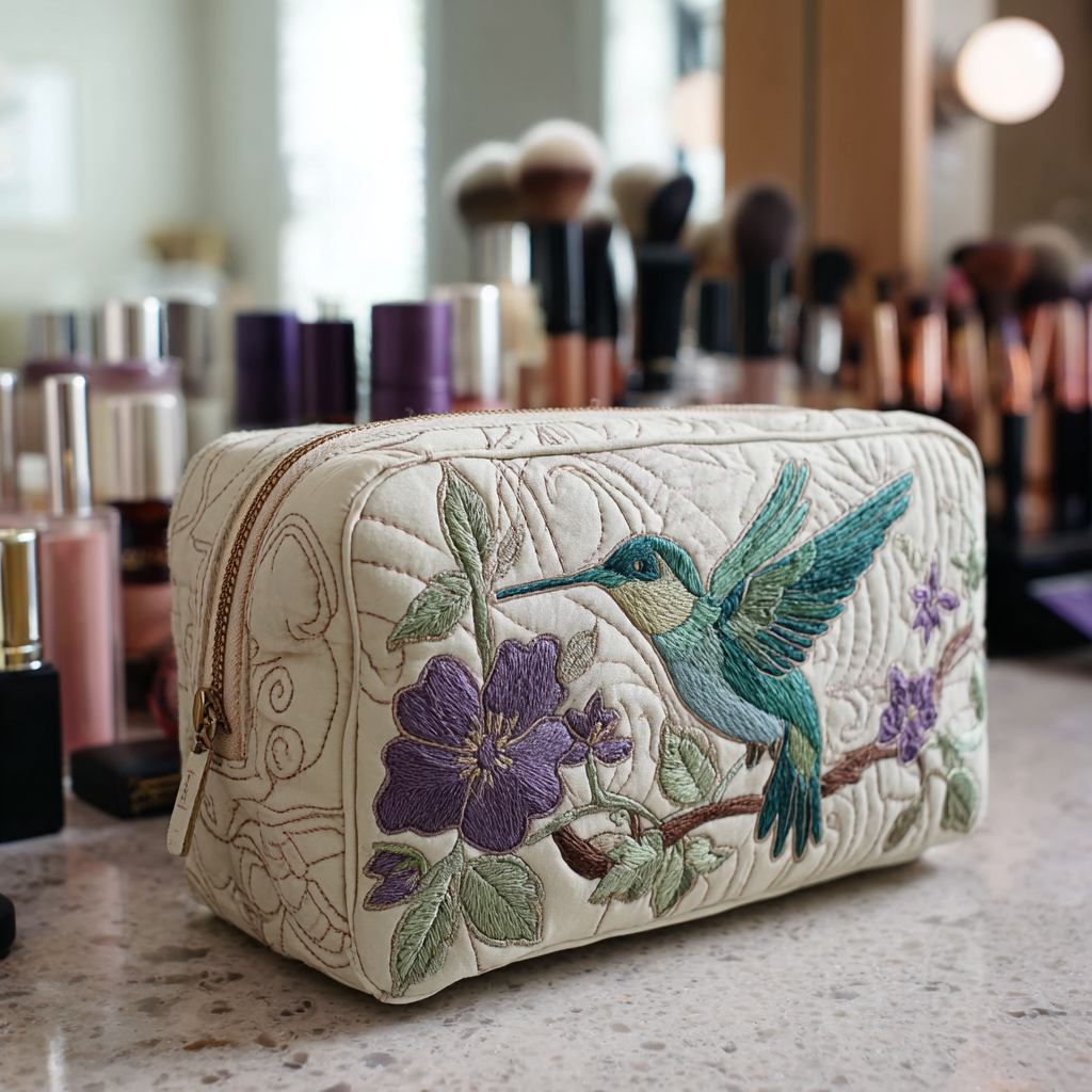 Hummingbirds And Flowers | Quilted Makeup Bag