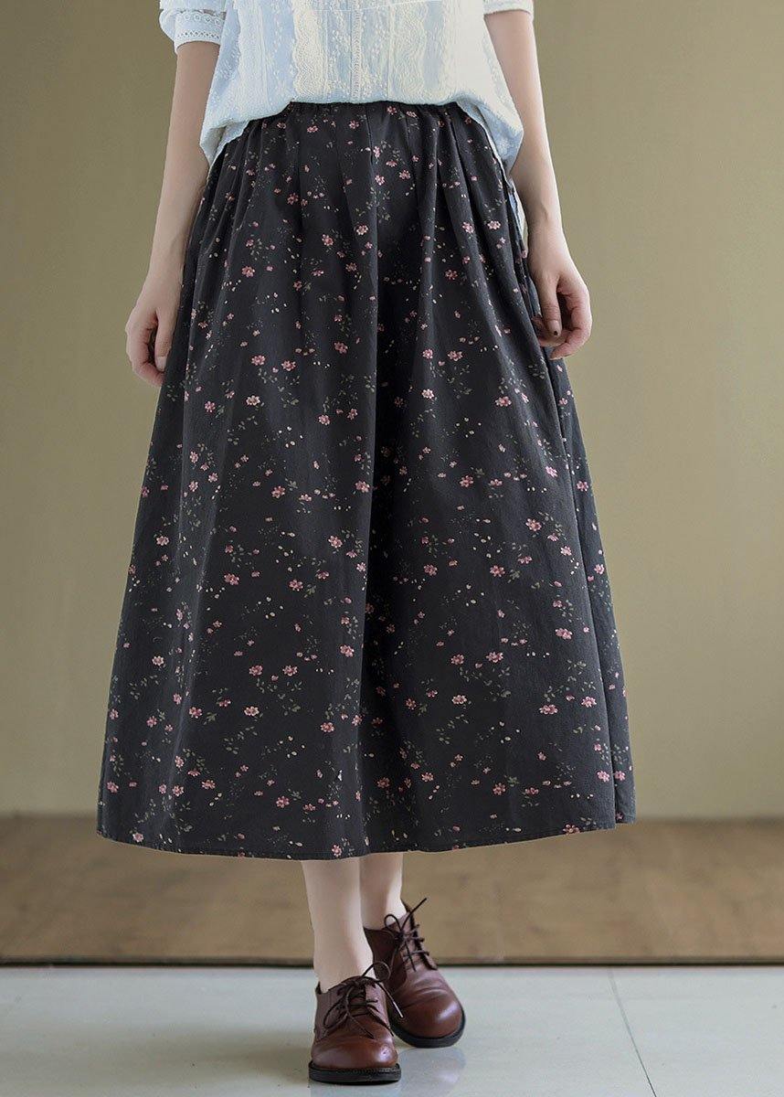 Italian Black Retro Print Linen Summer Skirt