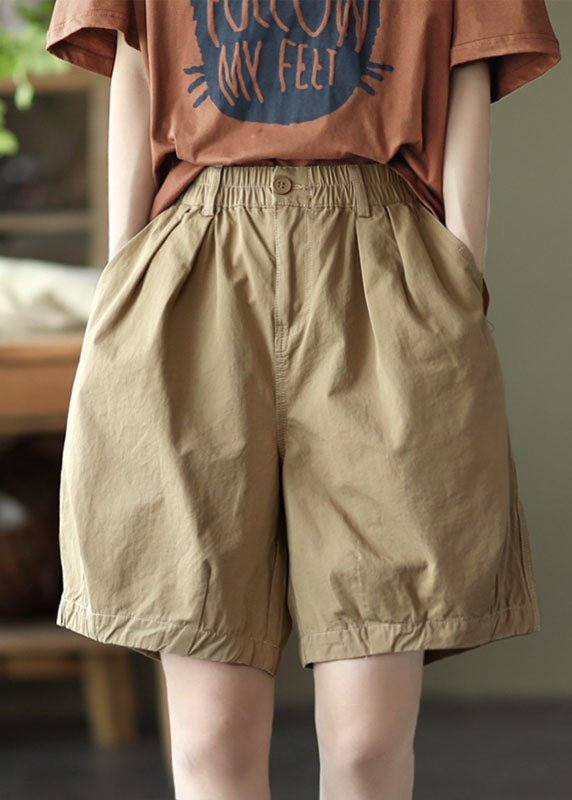 Khaki Solid Cotton Overall Shorts