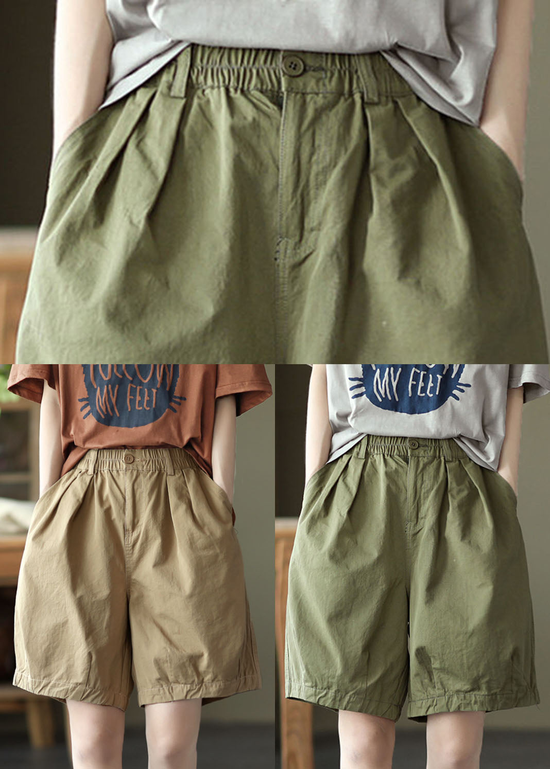 Khaki Solid Cotton Overall Shorts