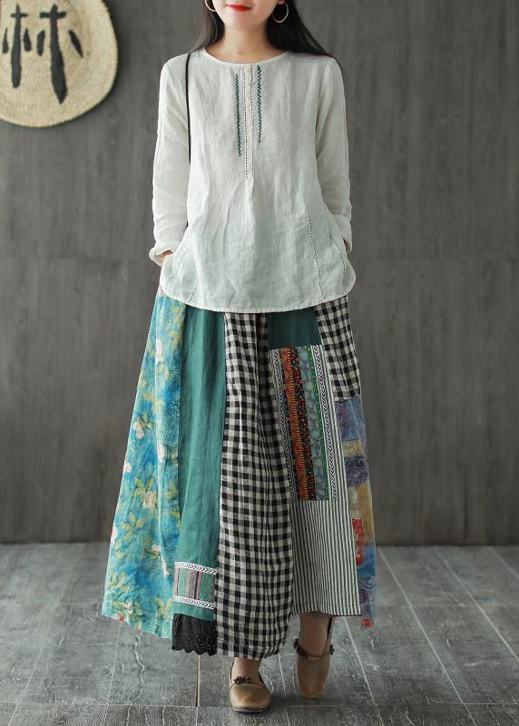 Linen Contrast Colour Seam Skirt Retro Loose Elastic Waist Spring