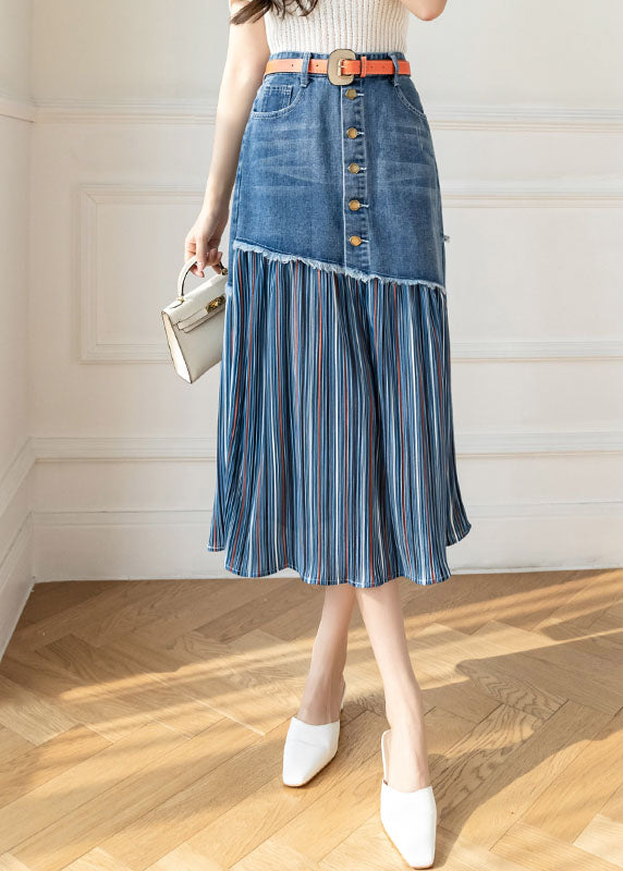 Modern Blue High Waist Sashes Asymmetric Patchwork Cotton Denim Skirts Summer