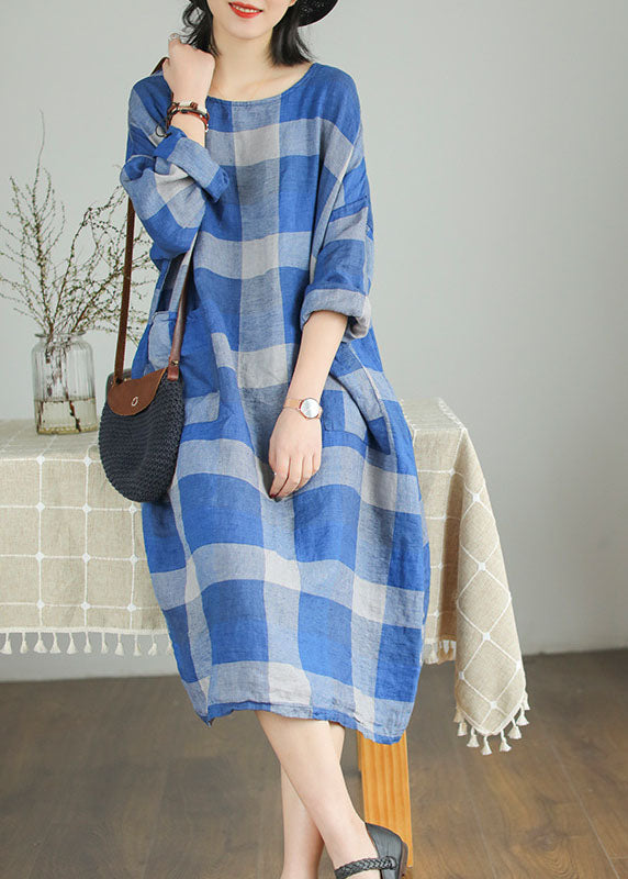 Blue Plaid Patchwork Linen Maxi Dress