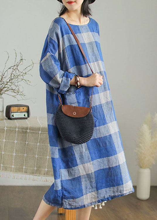 Blue Plaid Patchwork Linen Maxi Dress