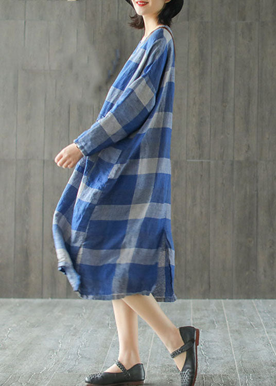 Blue Plaid Patchwork Linen Maxi Dress