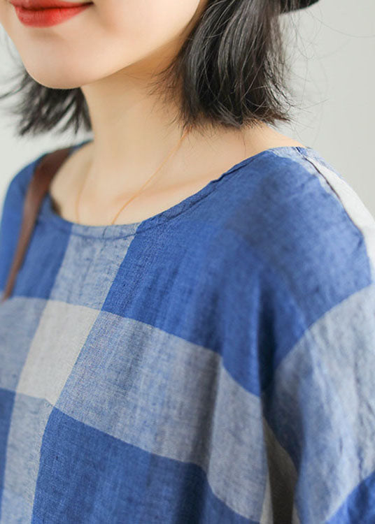 Blue Plaid Patchwork Linen Maxi Dress