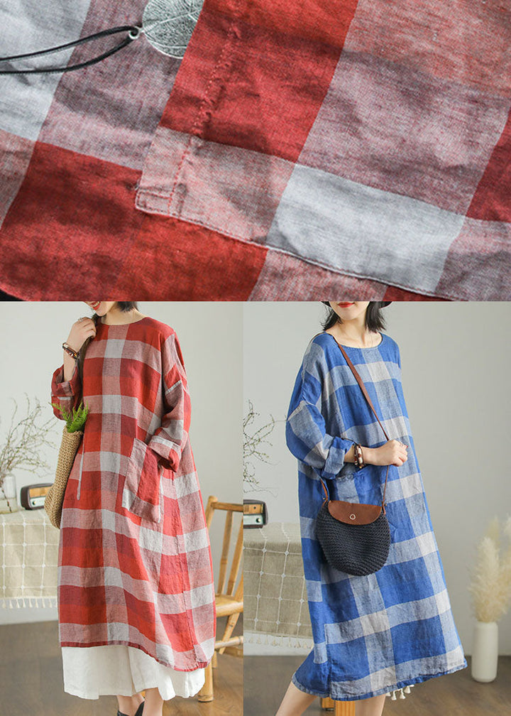Blue Plaid Patchwork Linen Maxi Dress