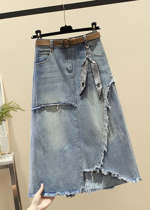 Modern Light Blue Asymmetric Sashes Hanging Pockets Cotton Denim Skirt Summer