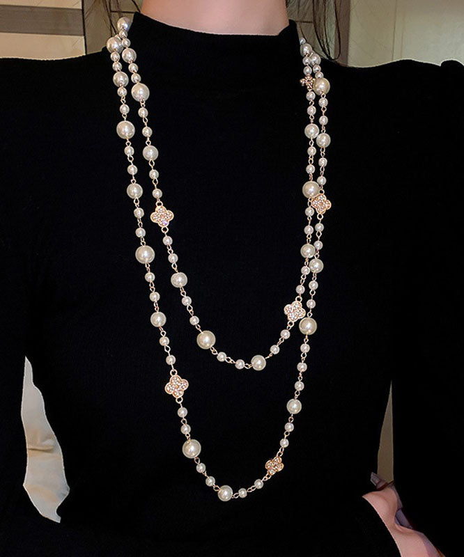 White Pearl Clover Zircon Necklace